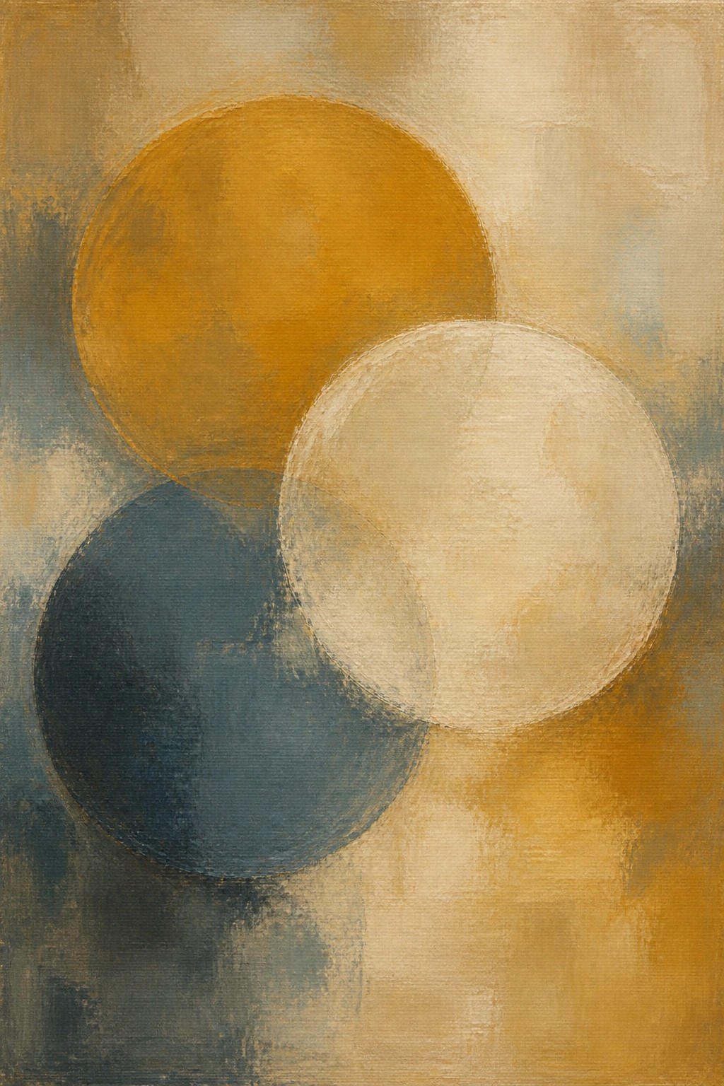 Abstract painting of three overlapping circles in orange, blue, and beige tones.