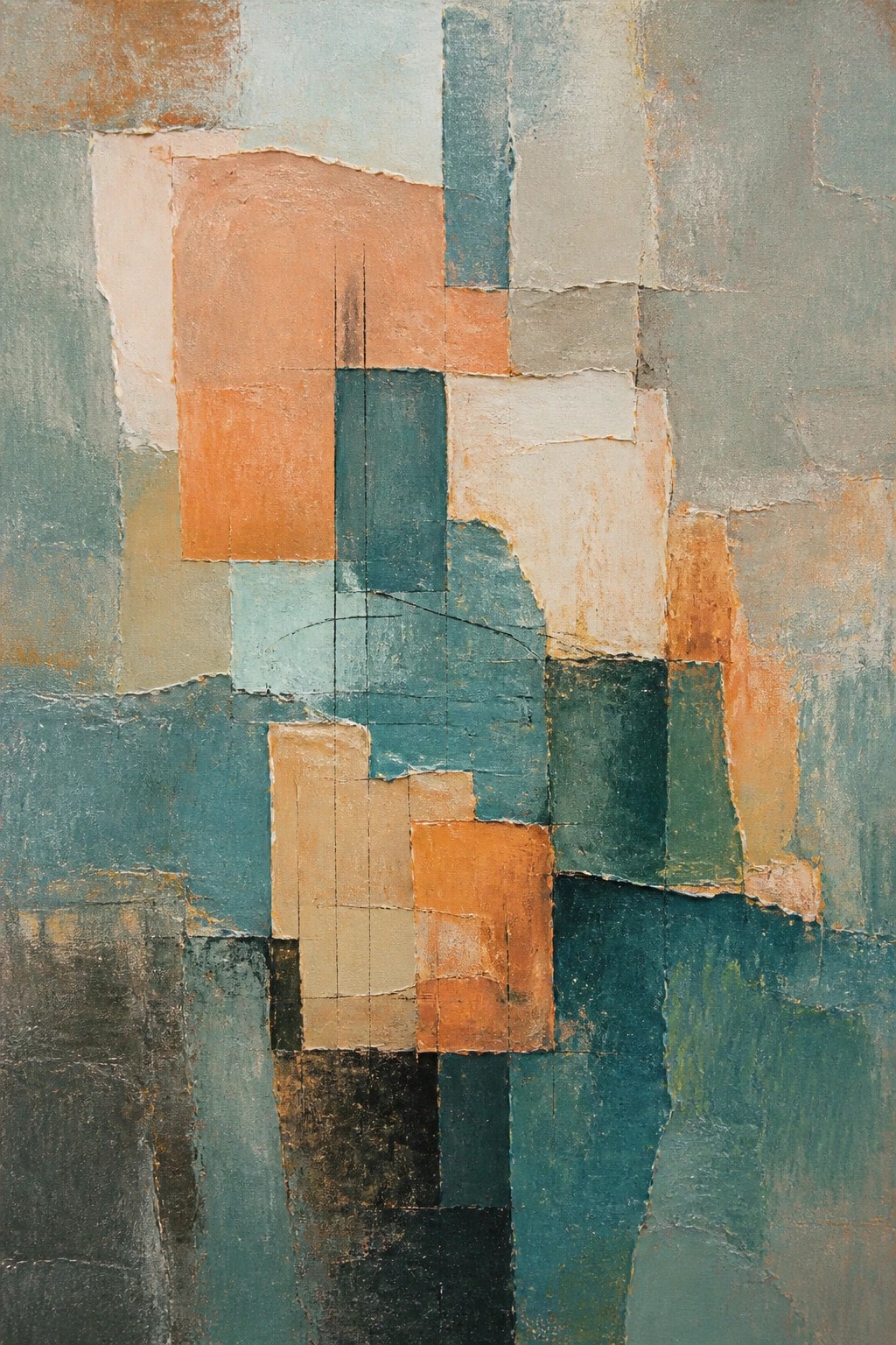 Abstract geometric painting of overlapping teal, orange, and gray rectangles with textured edges.