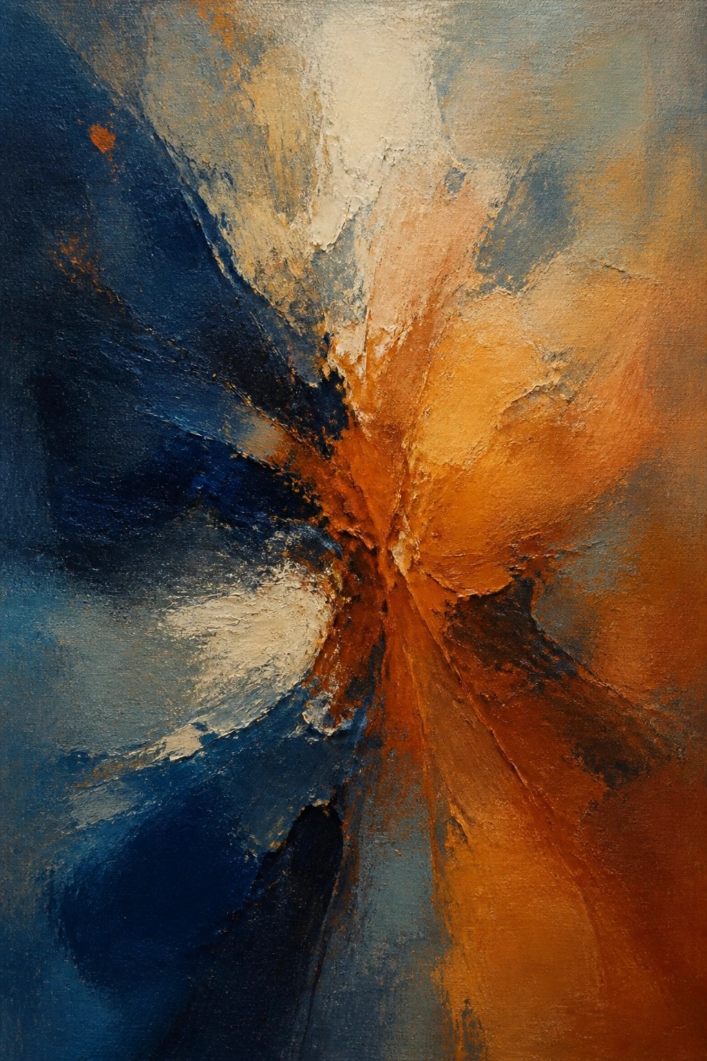 Abstract painting with swirling blue and orange brushstrokes radiating from a textured center.