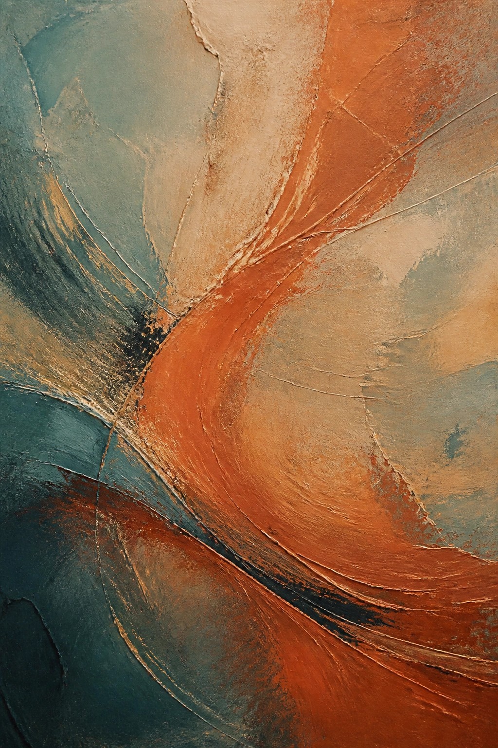 Abstract painting with swirling orange curves amid textured teal and beige tones
