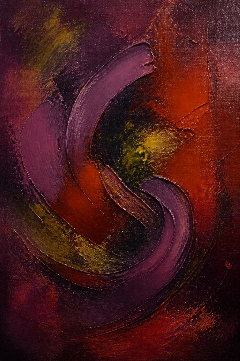 Abstract swirling brushstrokes in red, purple, and orange with textured impasto style.