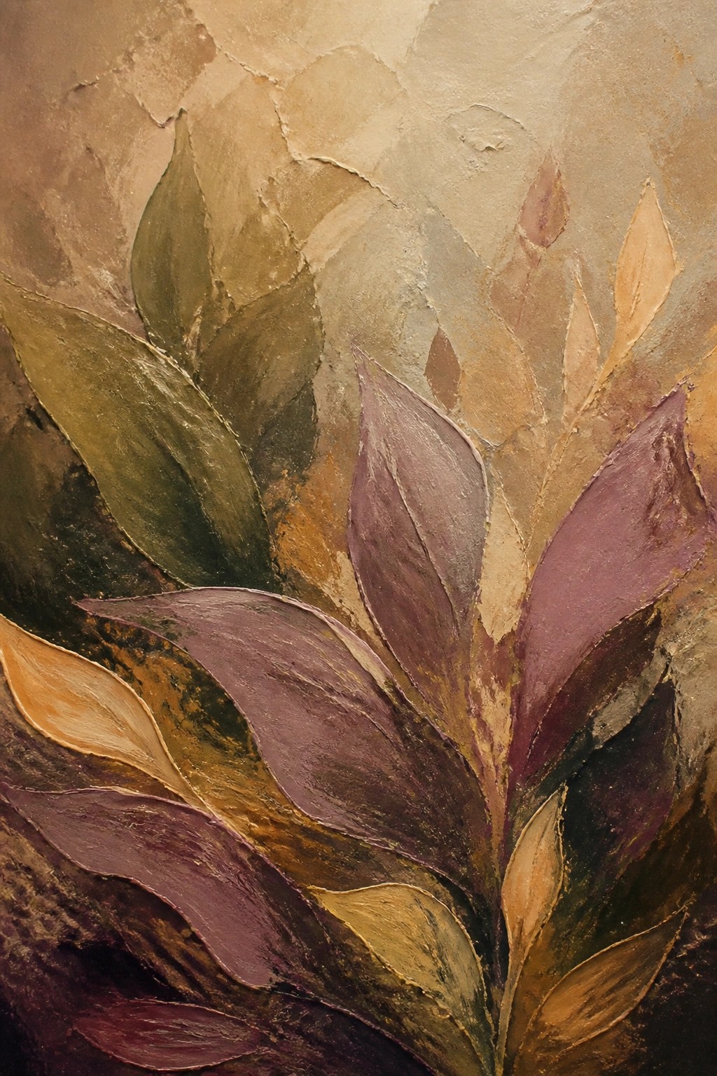 Textured abstract painting of layered leaves in green, purple, and earthy tones.
