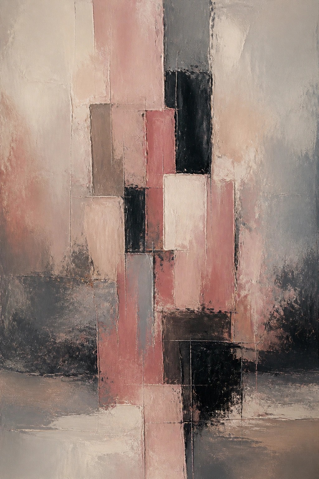 Abstract geometric painting with textured pink, gray, and black rectangular blocks