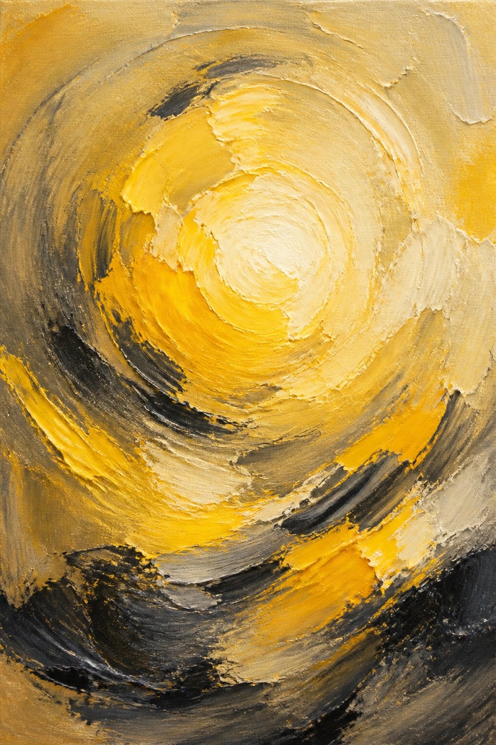 Abstract swirling vortex of yellow, black, and white textured brushstrokes