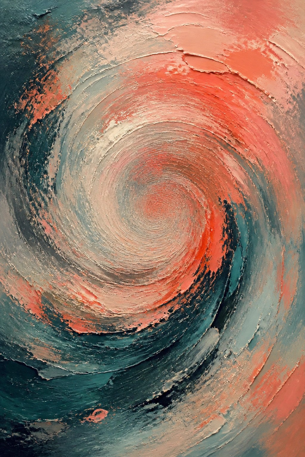 Abstract swirling spiral with thick textured brushstrokes in red, teal, and gray.