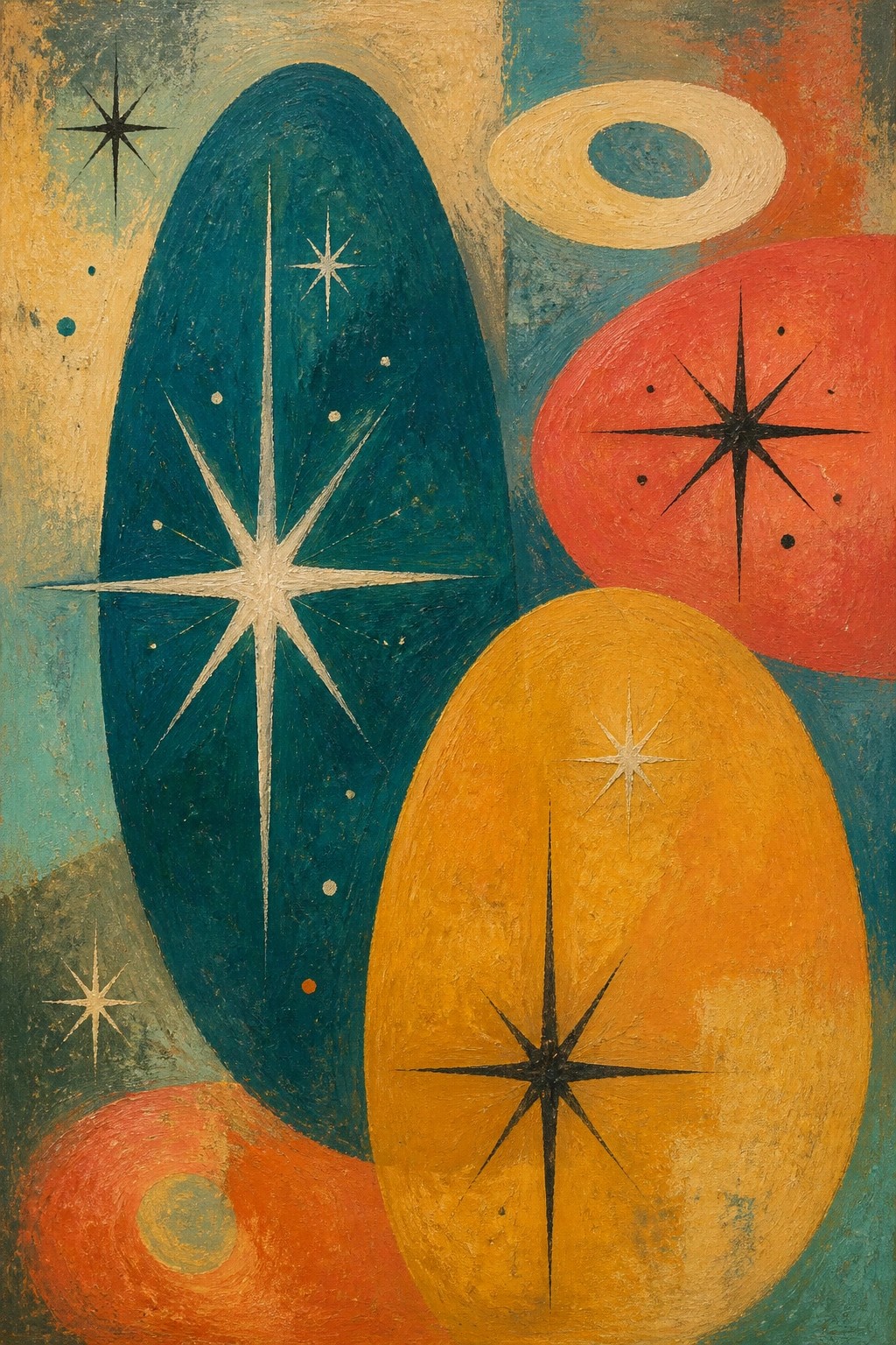 Abstract painting with colorful ovals, stars, and rings in teal, red, and yellow.