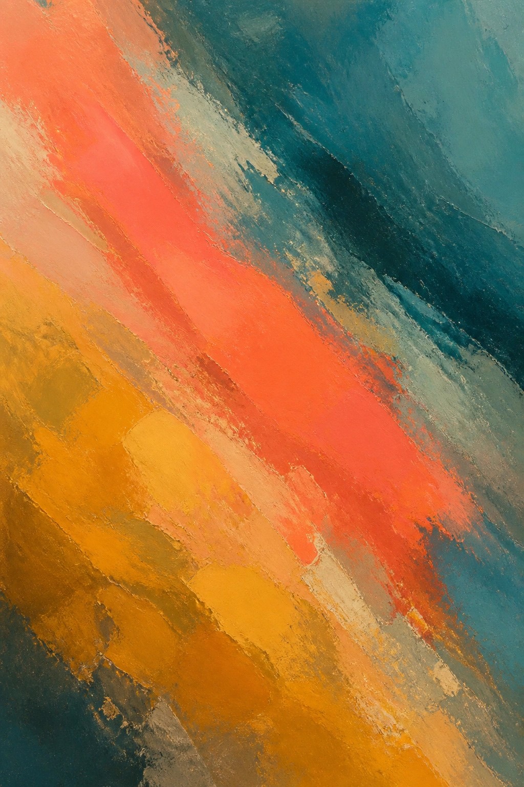Abstract painting with bold diagonal strokes in orange, teal, and yellow.