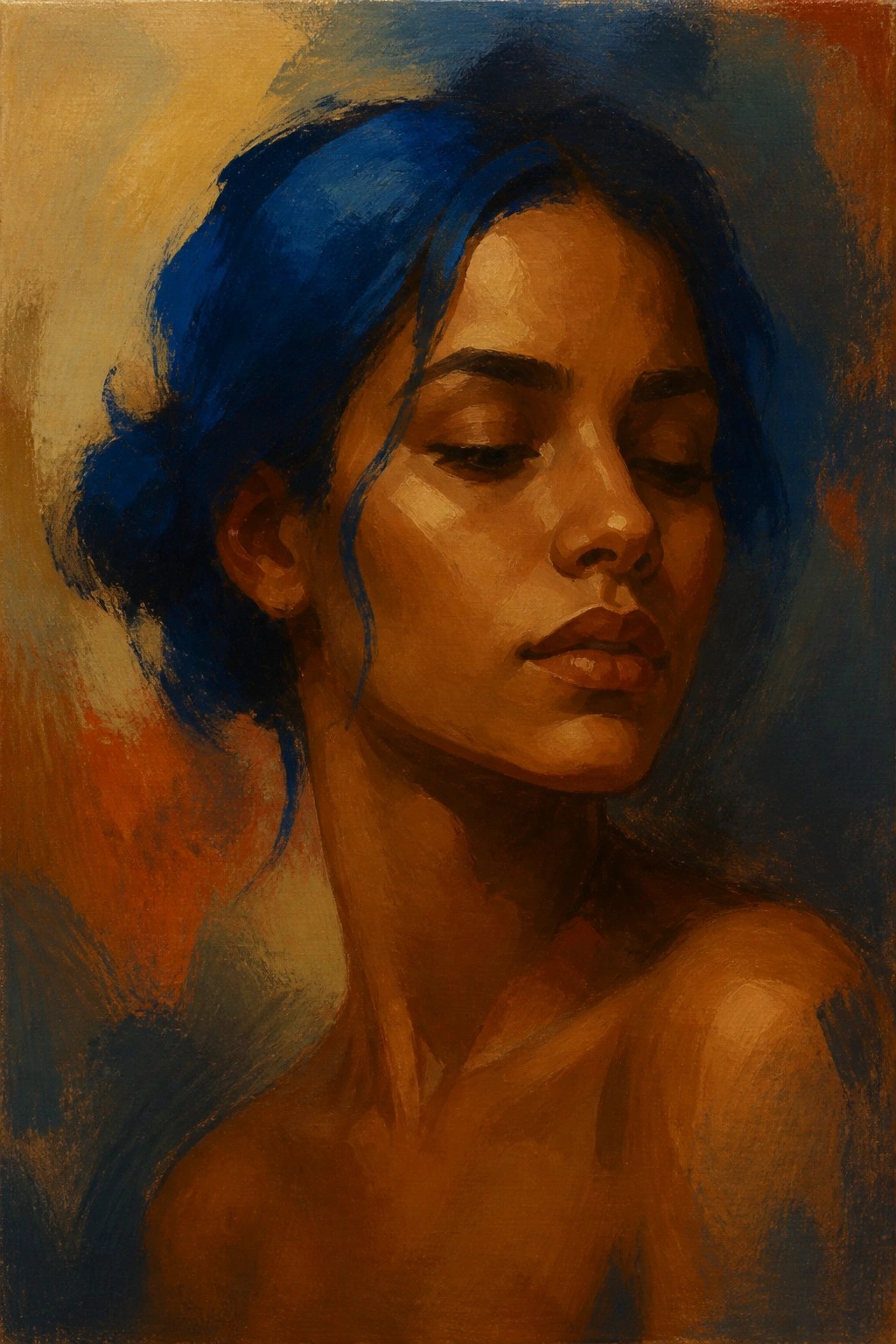Oil painting of woman with blue hair, closed eyes, and bare shoulders on colorful background