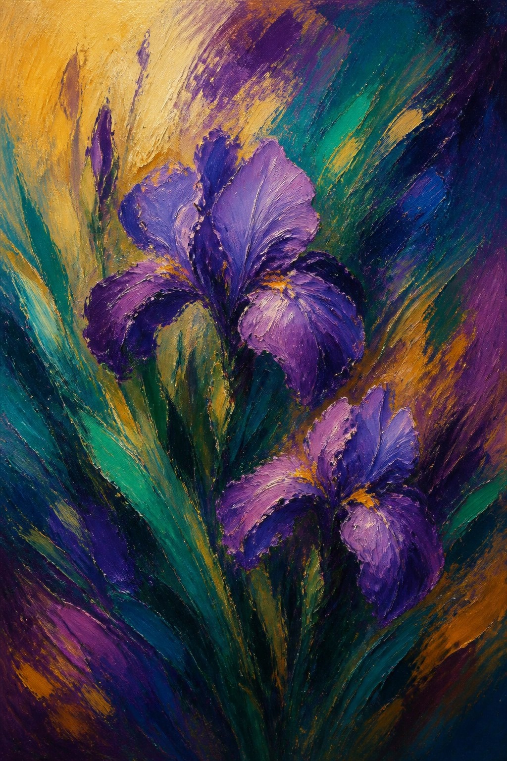 Vibrant oil painting of two blooming purple irises with bold colorful brushstrokes