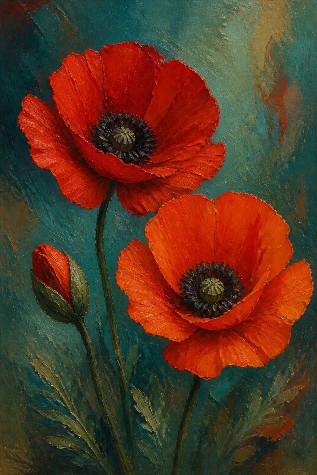 Two blooming red poppies and one bud on green stems against teal background