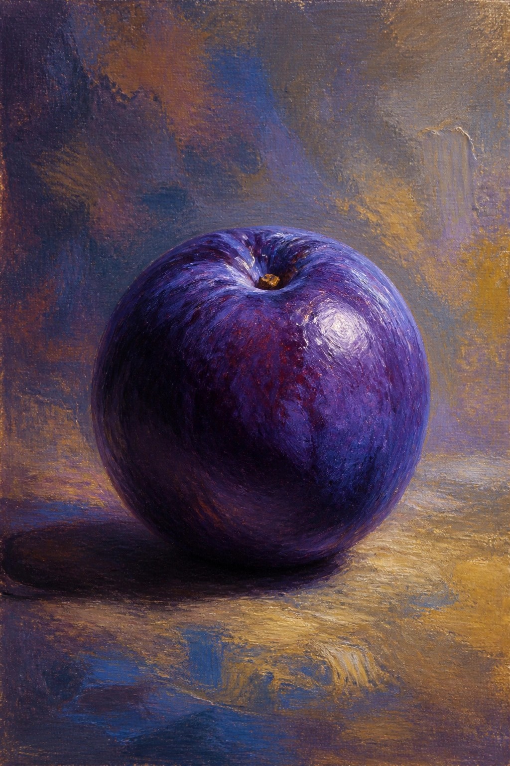 Dark purple plum with glossy highlight on textured golden-blue background