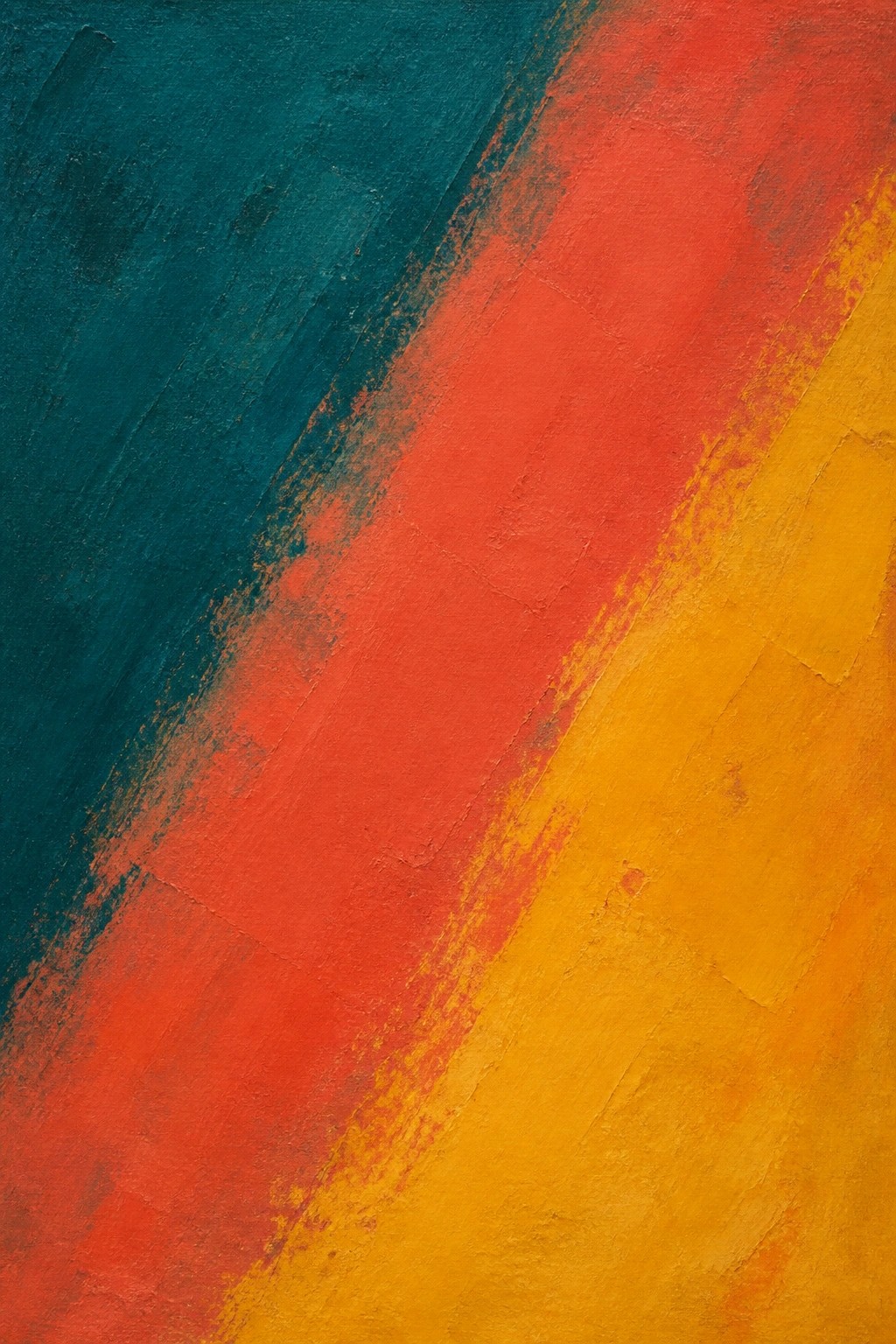 Abstract painting with textured diagonal bands of teal, red, and yellow