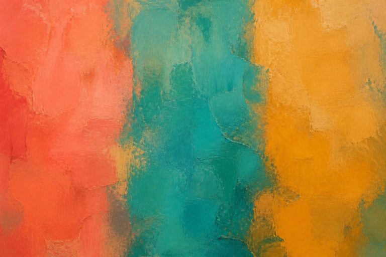 An abstract oil painting with vertical sections of red, teal, and yellow paint showing visible texture and brushstrokes.