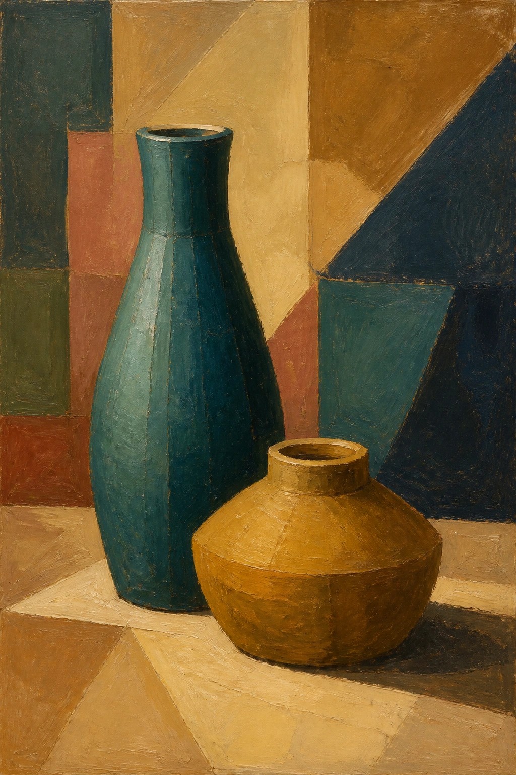 Tall teal vase beside brown pot on geometric surface with abstract backdrop