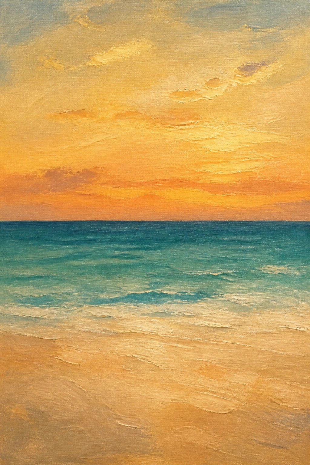 Sunset beach painting with golden sand, turquoise waves, and vibrant orange sky.
