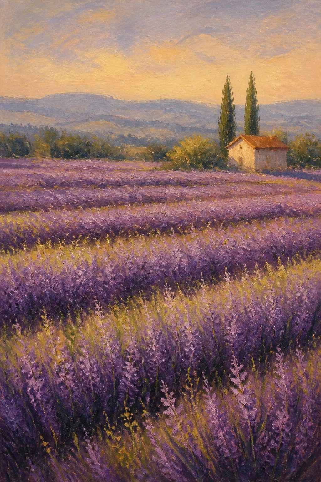 Oil painting of vast lavender field, stone house, cypress trees, and mountains at sunset