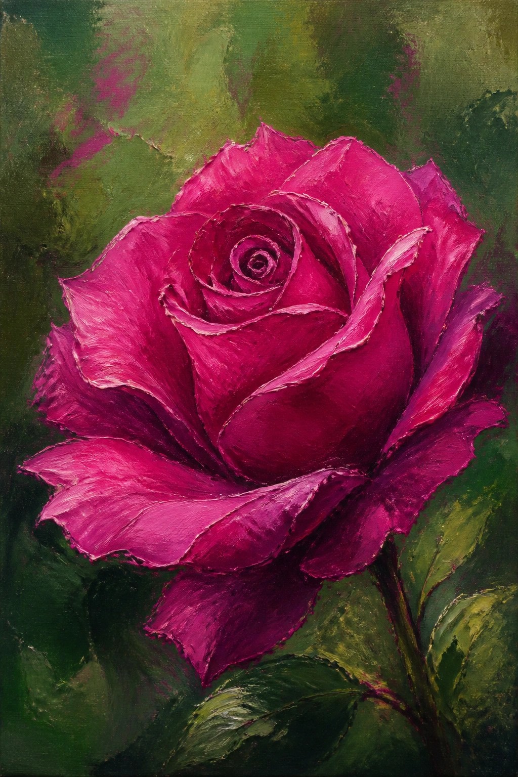 Vivid magenta rose with layered petals and swirling center against dark green background.