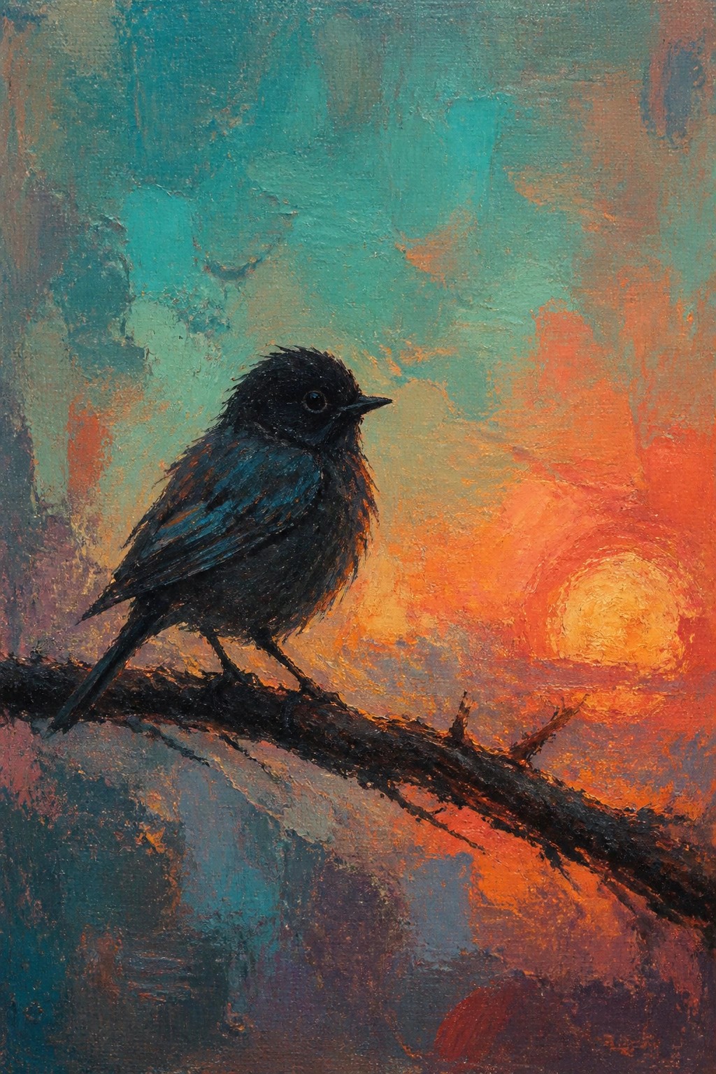 Dark bird perched on branch against vibrant orange-teal sunset painting
