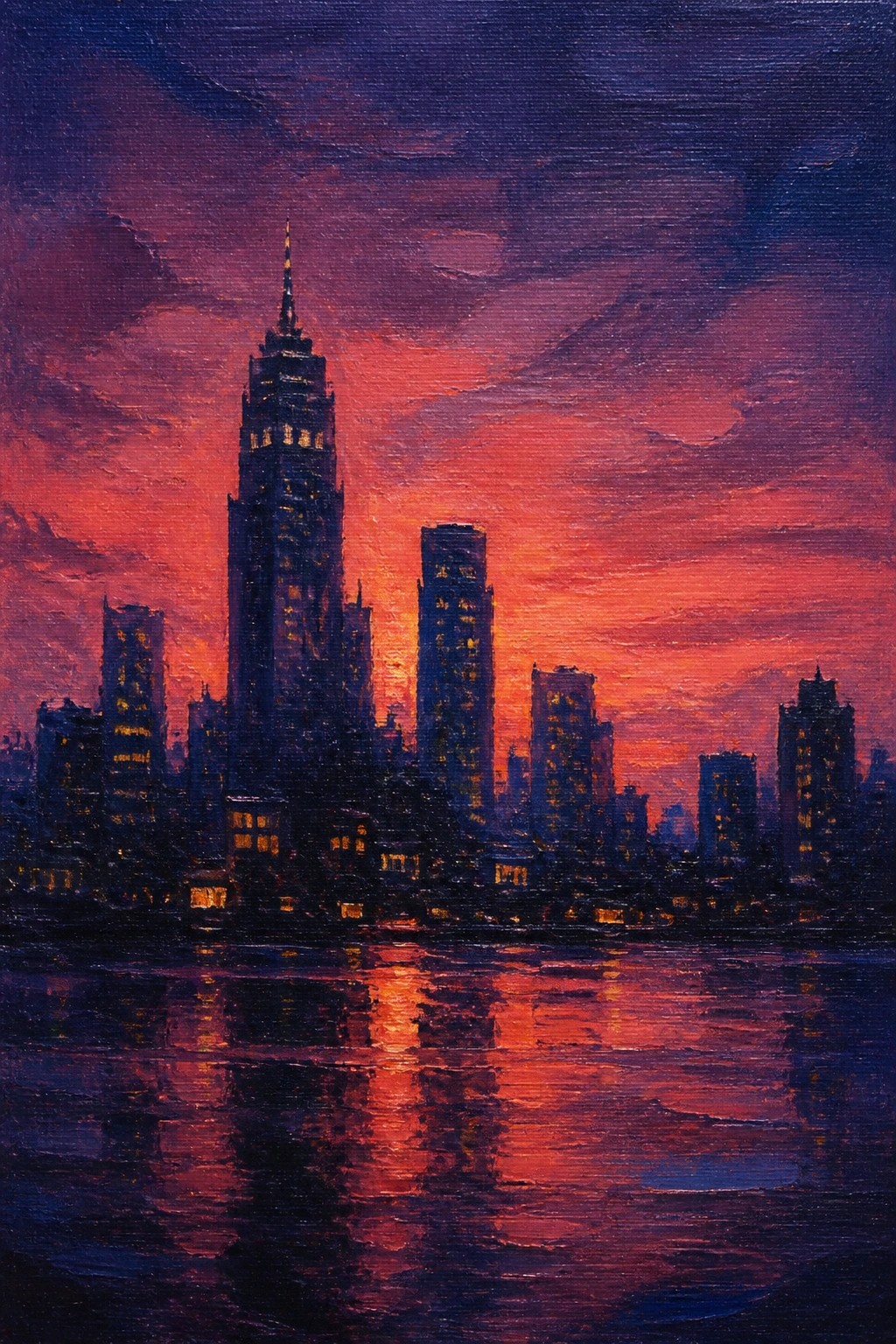 Dramatic oil painting of illuminated skyscrapers against vivid red sunset with water reflections