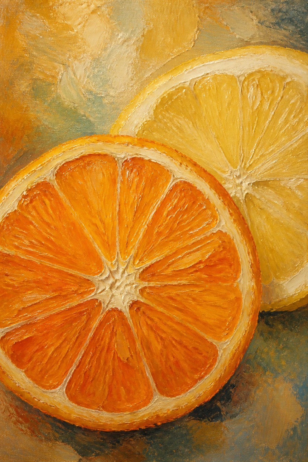 Vibrant oil painting of overlapping orange and lemon slices with thick brushstrokes