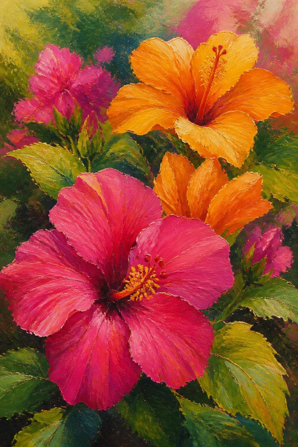 Vibrant pink and orange hibiscus flowers amid lush green leaves in a painting.