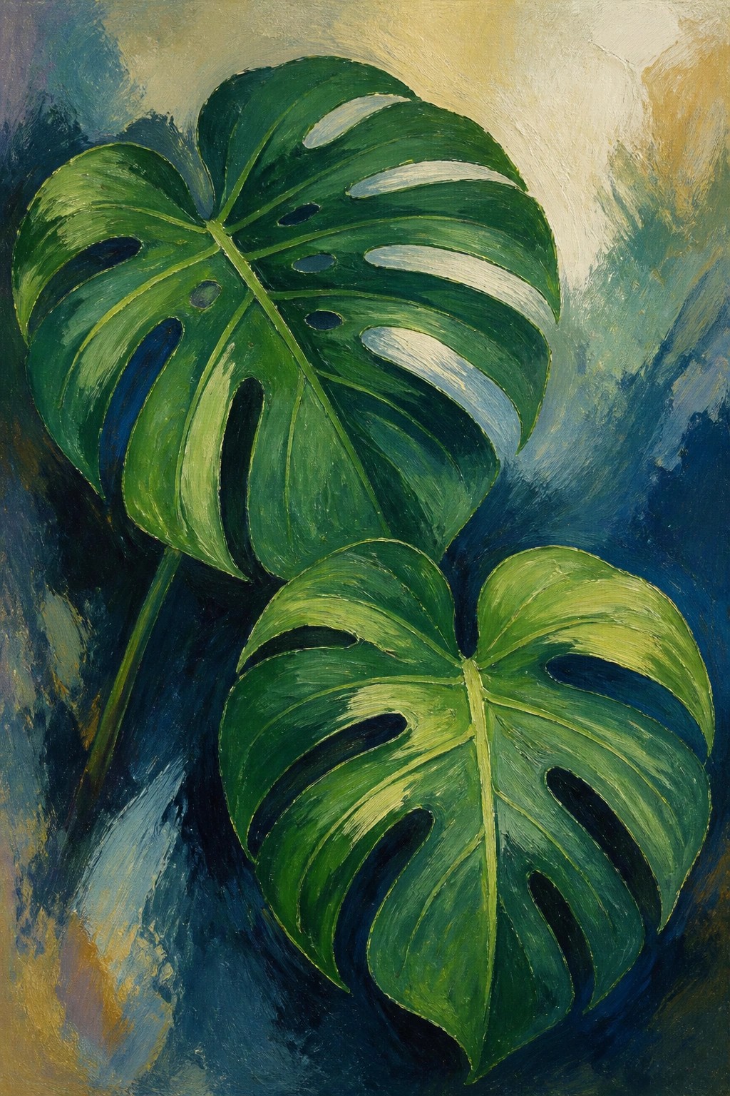 Vibrant green Monstera leaves with holes on a blue and yellow background