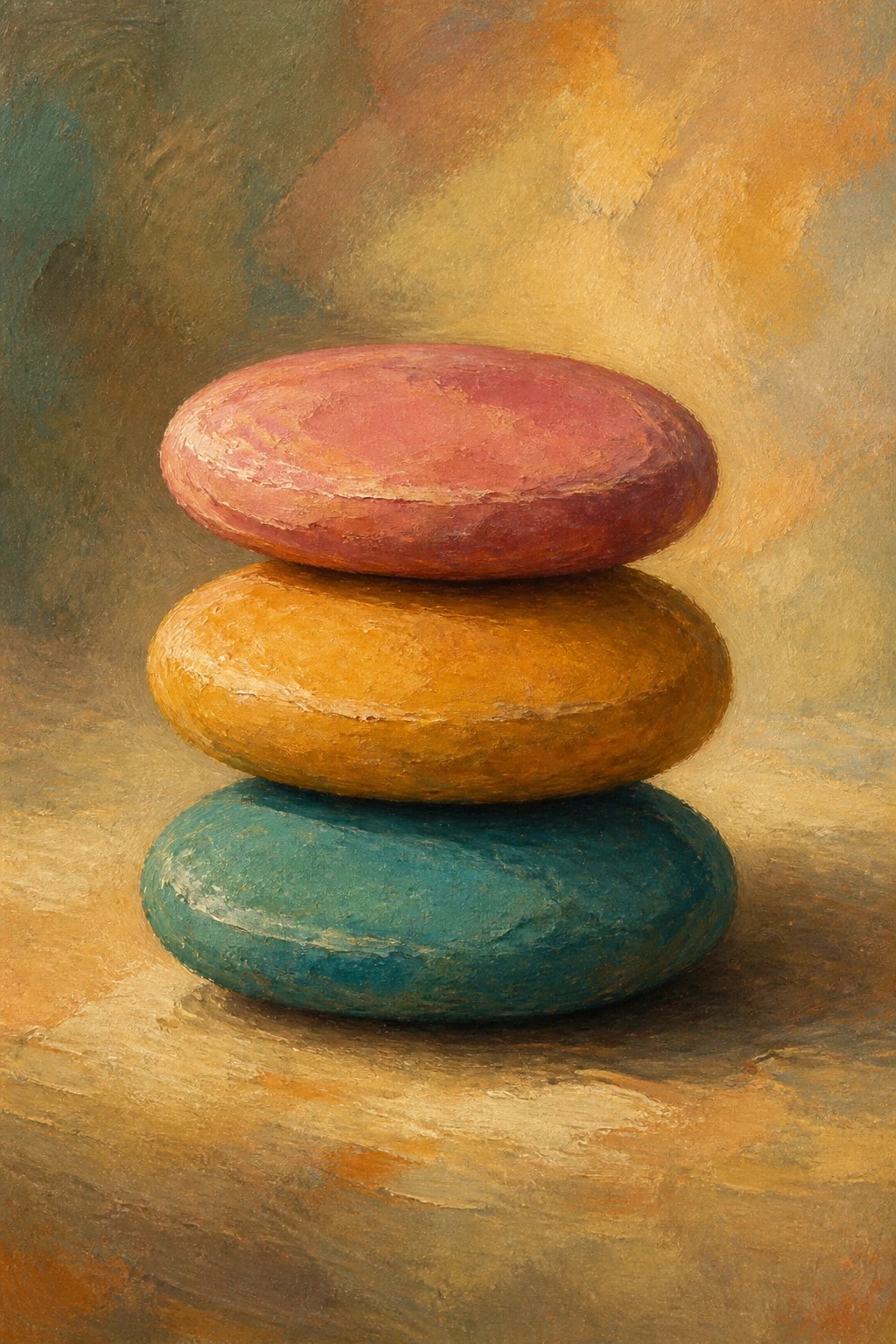 Three stacked red, yellow, and teal stones with visible brushstrokes on textured surface.