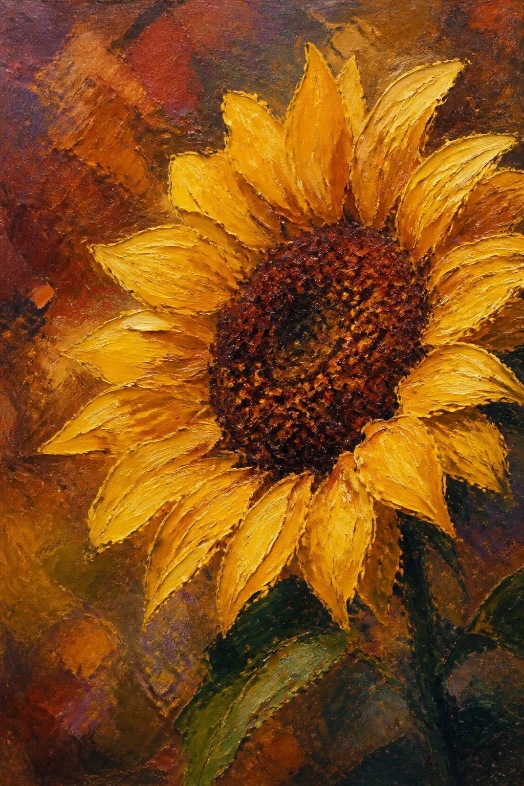 Golden sunflower with textured brown center on warm impasto background
