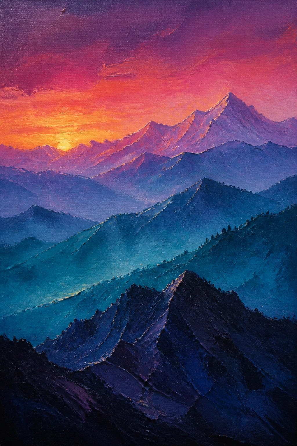 Vibrant oil painting of layered mountains beneath a dramatic orange-purple sunset sky