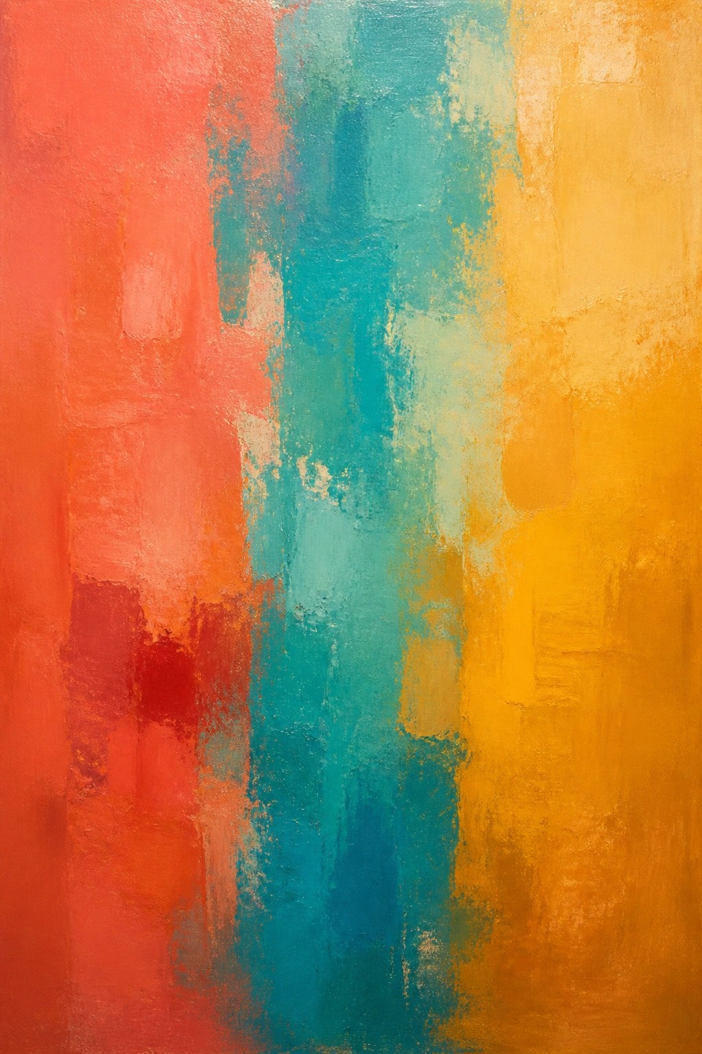 An abstract oil painting with vertical sections of red, teal, and yellow paint showing visible texture and brushstrokes.