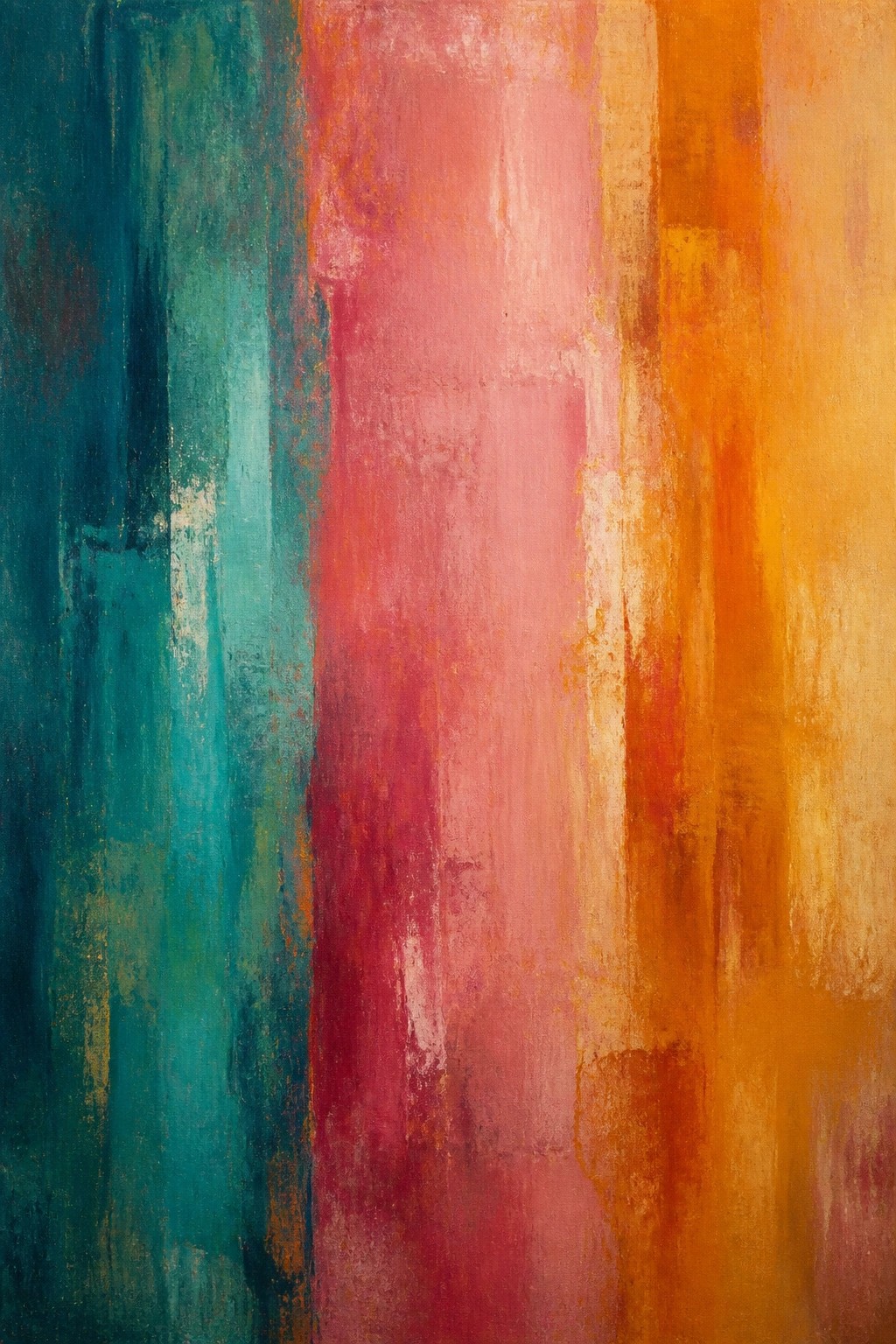 Abstract painting with vertical bands of teal, pink, and orange paint
