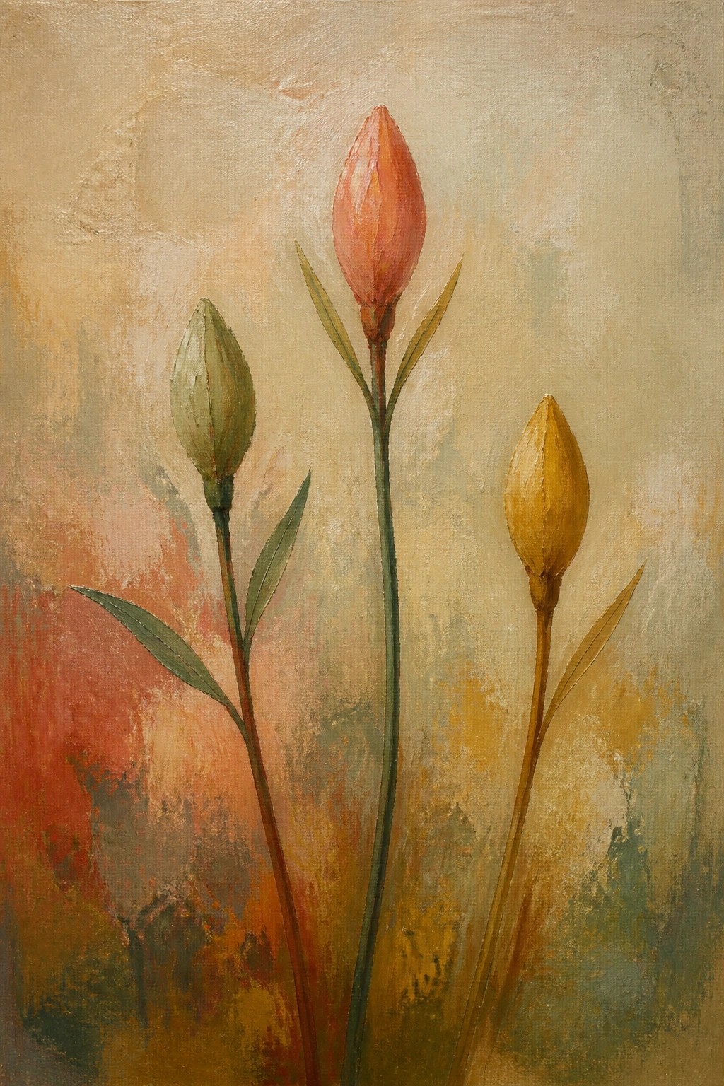 Three budding flowers in coral, green, and yellow on abstract earthy background.
