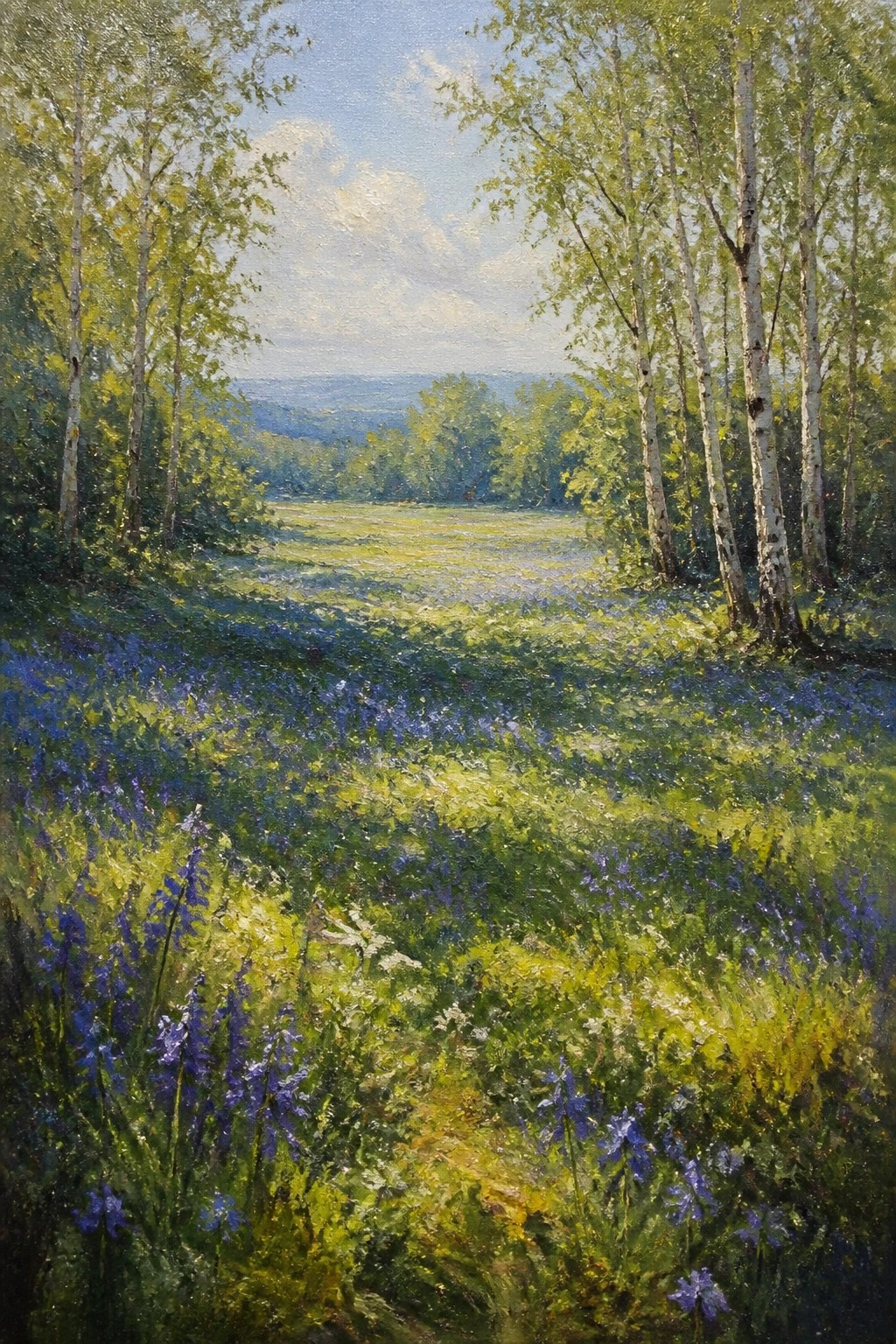 Sunlit meadow of blue wildflowers bordered by white birch trees in a forest glade