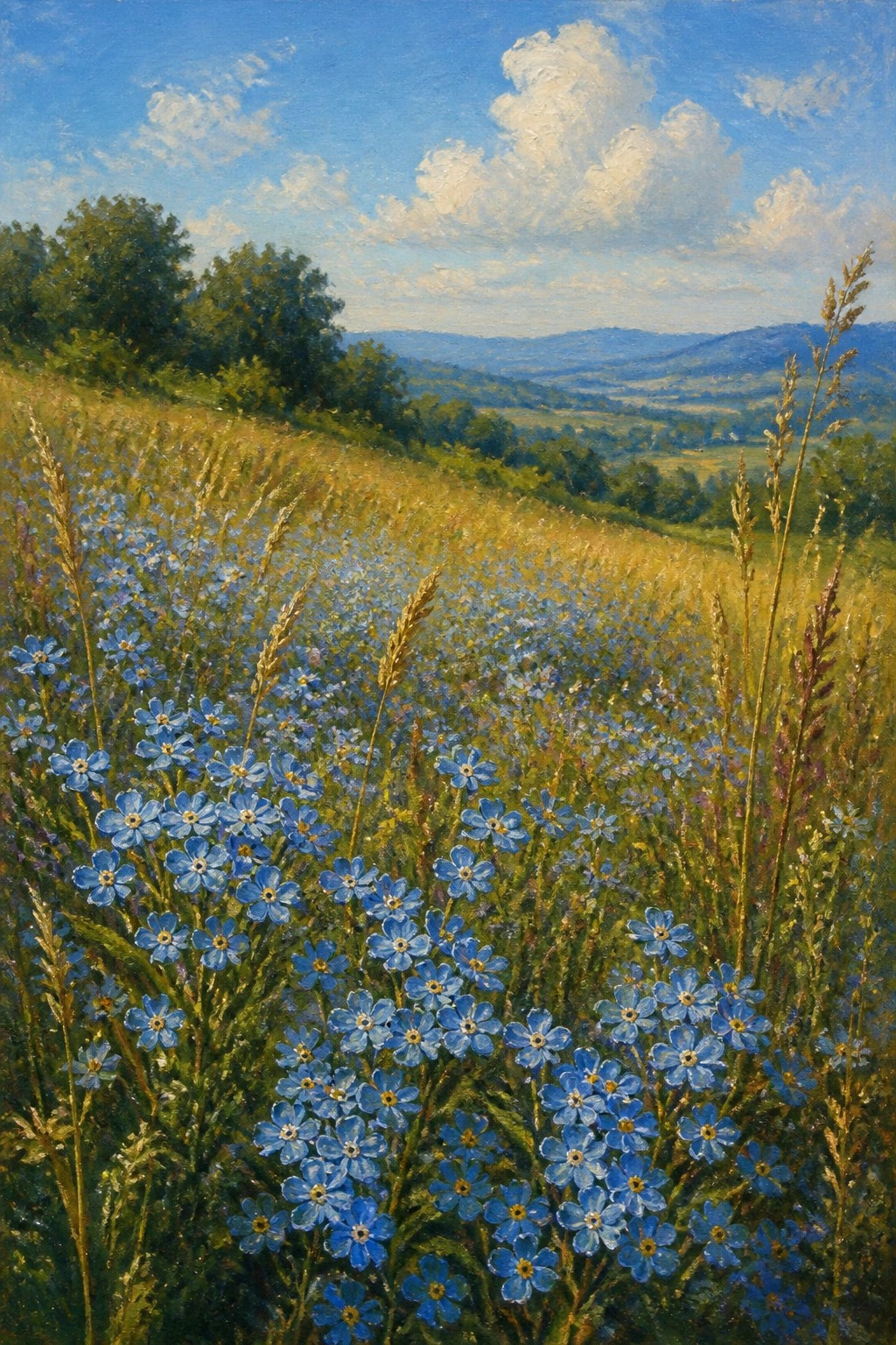 Lush meadow of blue wildflowers with grassy hills under a cloudy blue sky.