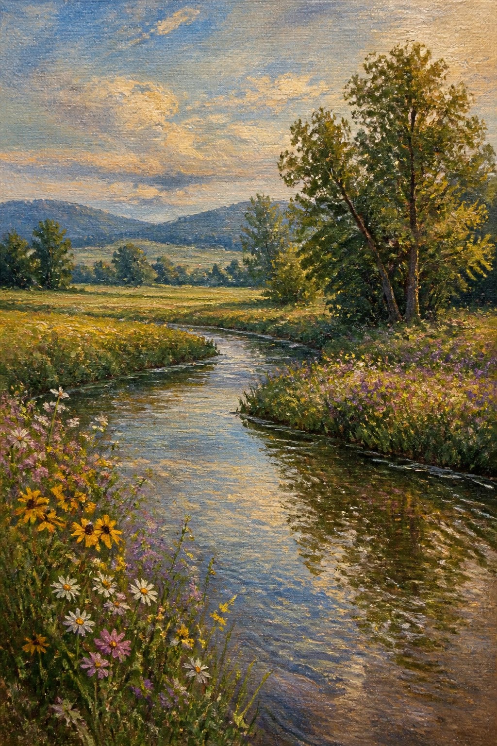 An oil painting of a winding stream flowing through a meadow filled with colorful wildflowers, trees on the banks, and hills in the distance under a bright sky.