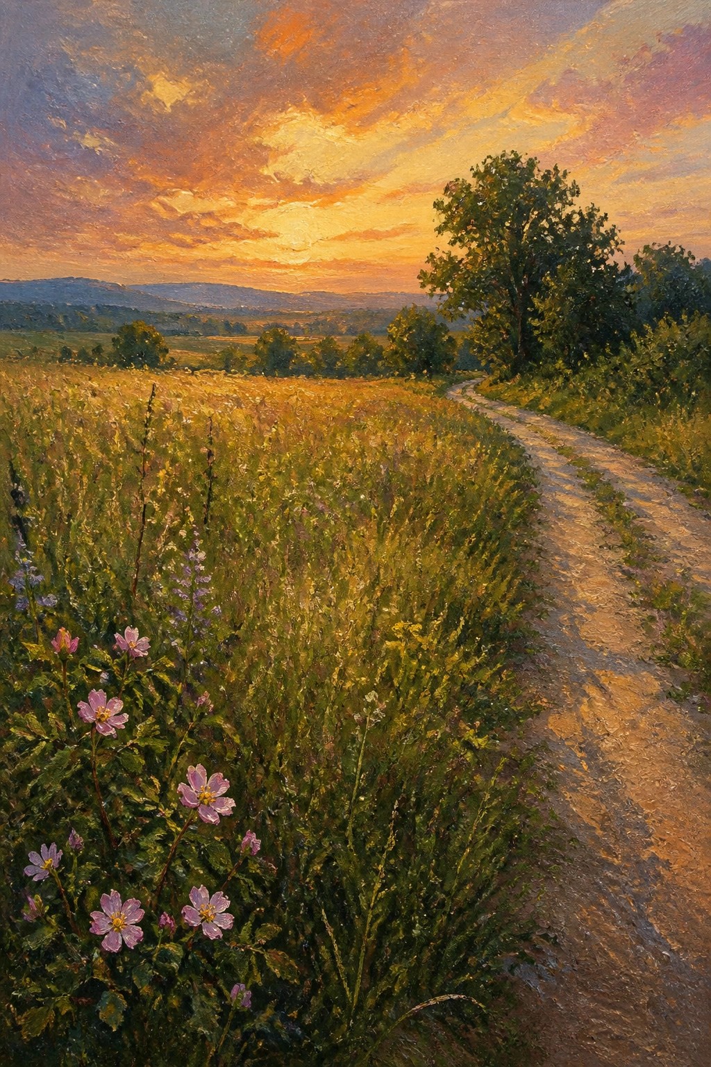 An oil painting of a winding dirt path through a golden meadow with pink wildflowers in the foreground under a vibrant orange sunset sky with distant hills and trees.