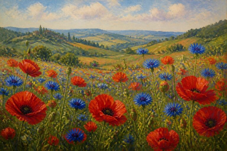 Vivid red poppies and blue wildflowers bloom across rolling green hills under a bright sky.