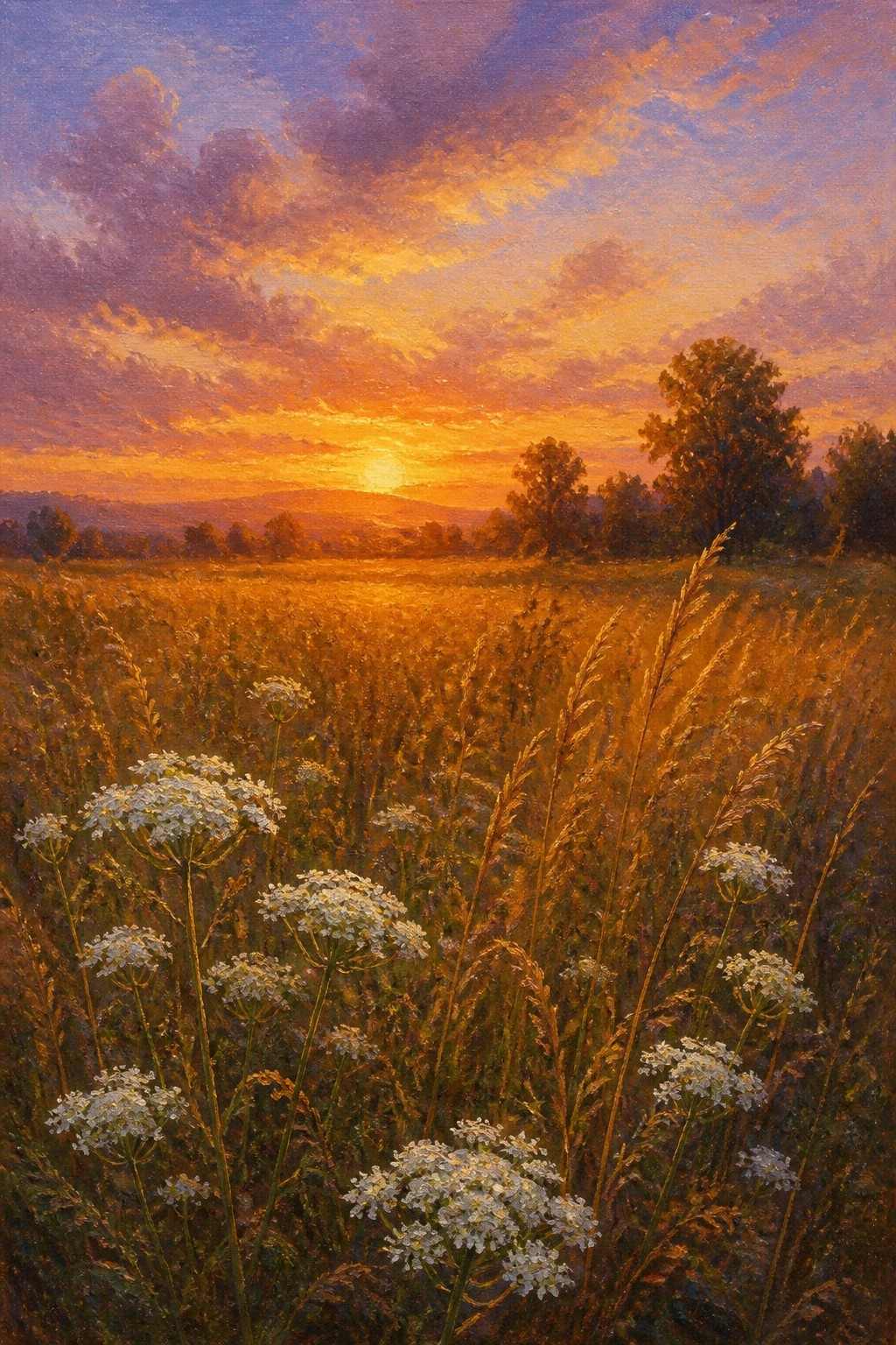 Sunset over golden meadow with white wildflowers, tall grasses, and distant trees.