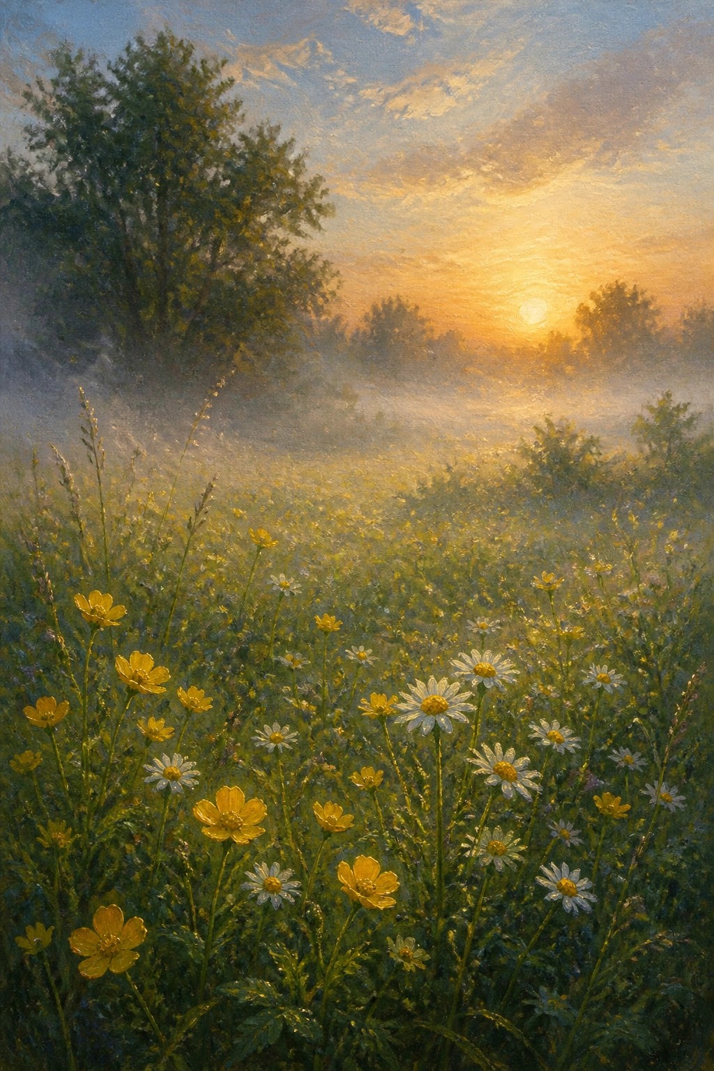 An oil painting of a misty meadow at sunrise filled with yellow and white wildflowers, the sun low in the sky behind distant trees.