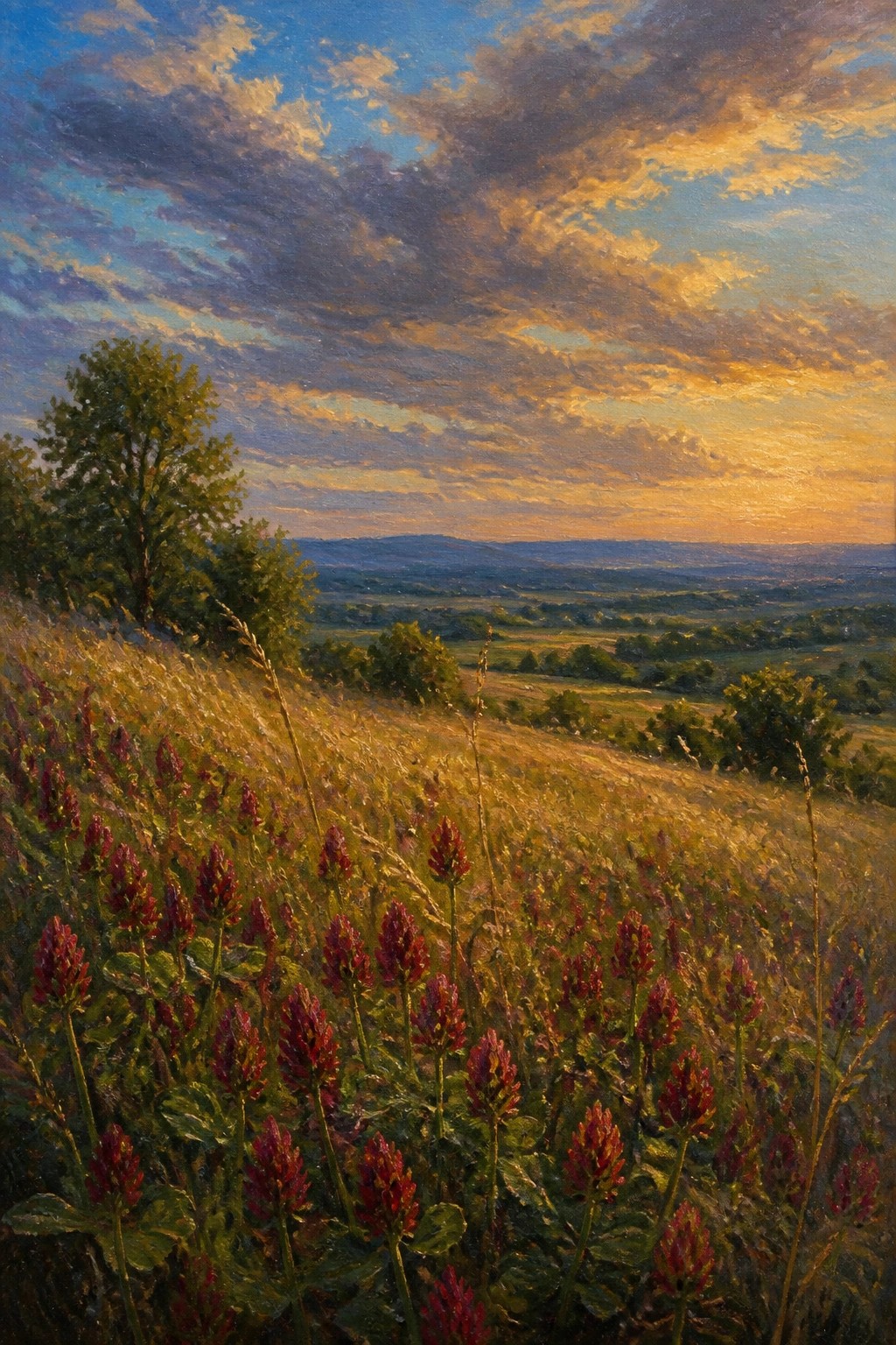 Red wildflowers blooming on a hillside overlooking a golden sunset valley