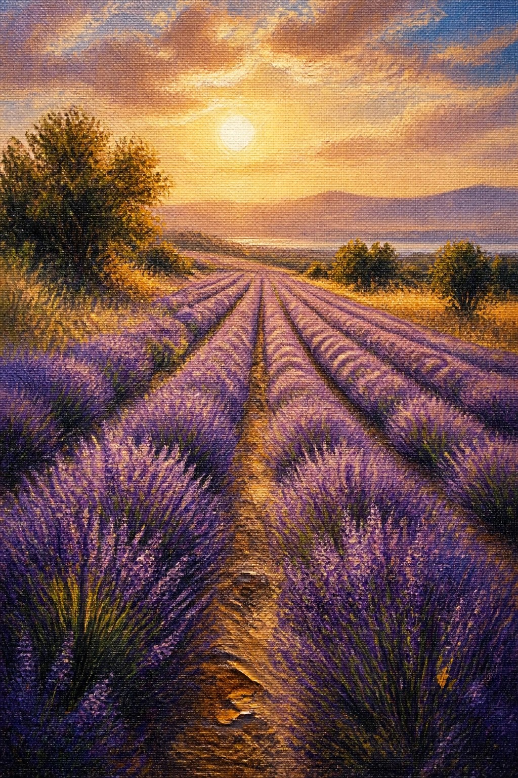 Rows of purple lavender under a golden sunset with a central dirt path.
