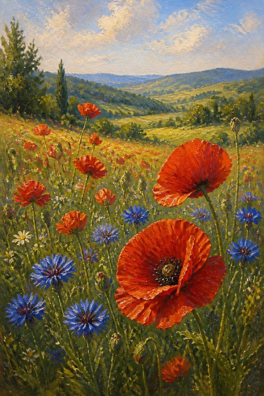 Vivid red poppies and blue wildflowers bloom across rolling green hills under a bright sky.