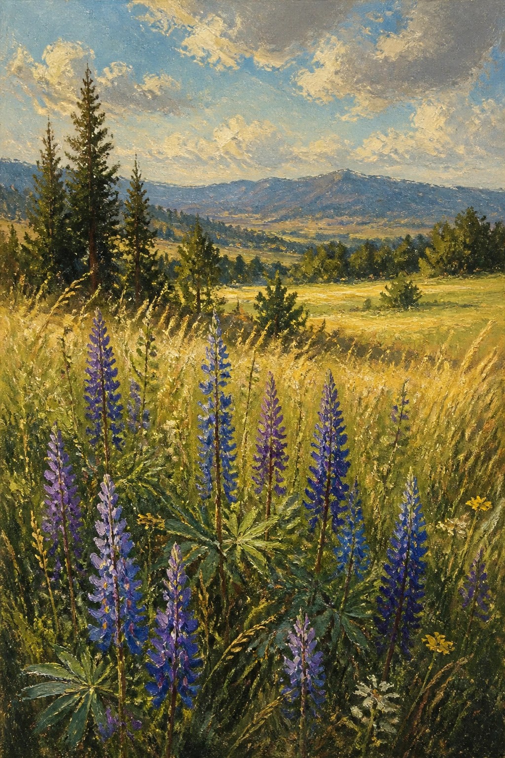 Purple lupines blooming in a grassy meadow with distant mountains and pines.