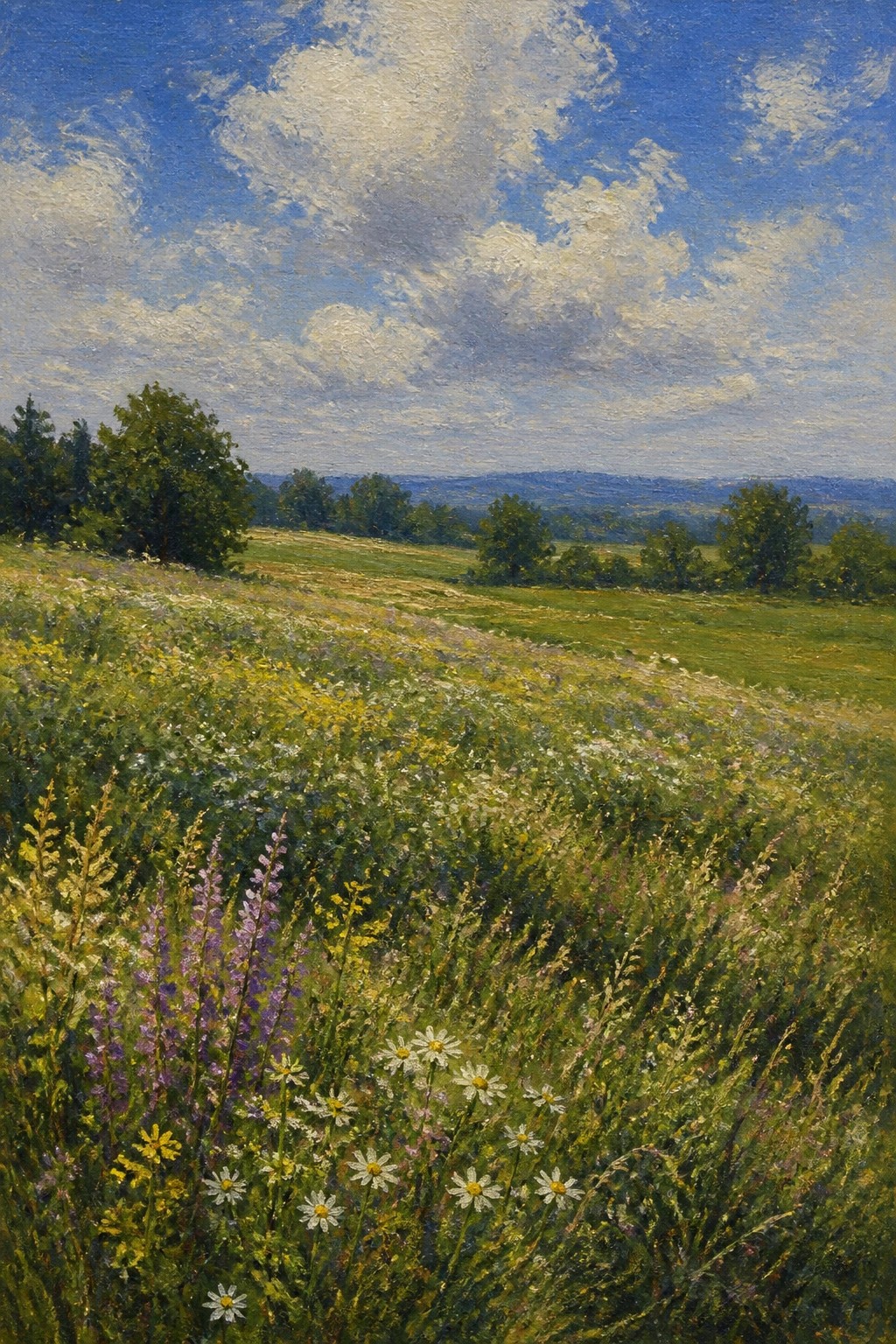 An oil painting of a colorful wildflower meadow with daisies and purple blooms in the foreground, green fields, scattered trees, and rolling hills under a blue sky with clouds.