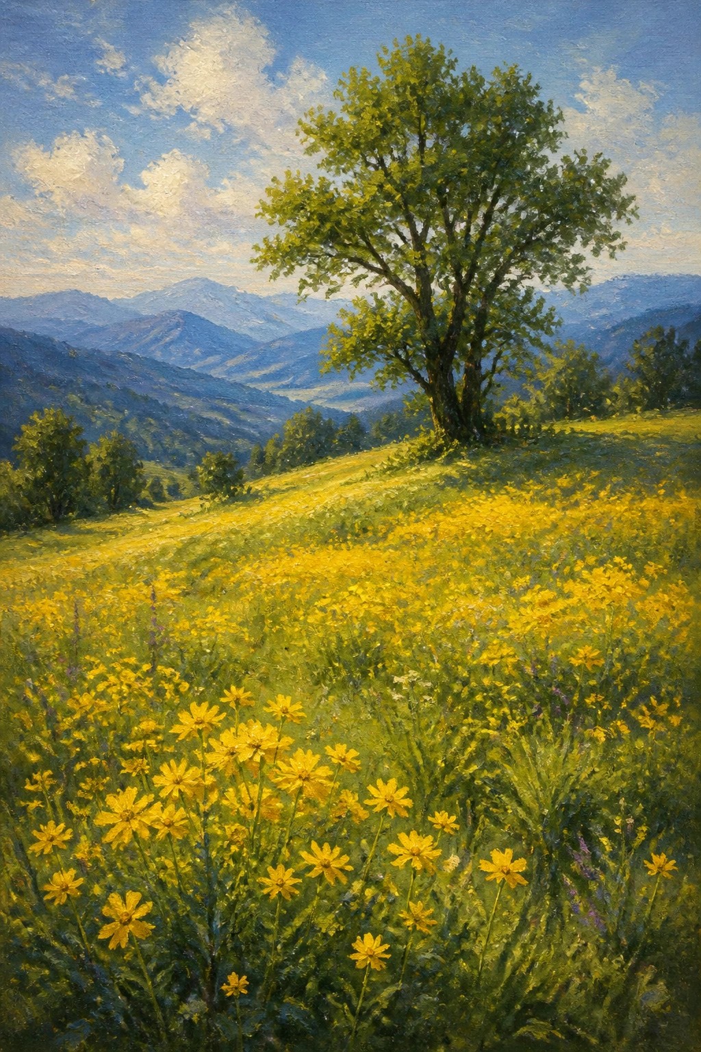 An oil painting of a sunny meadow filled with yellow flowers, a large green tree on a hill, and blue mountains in the background.