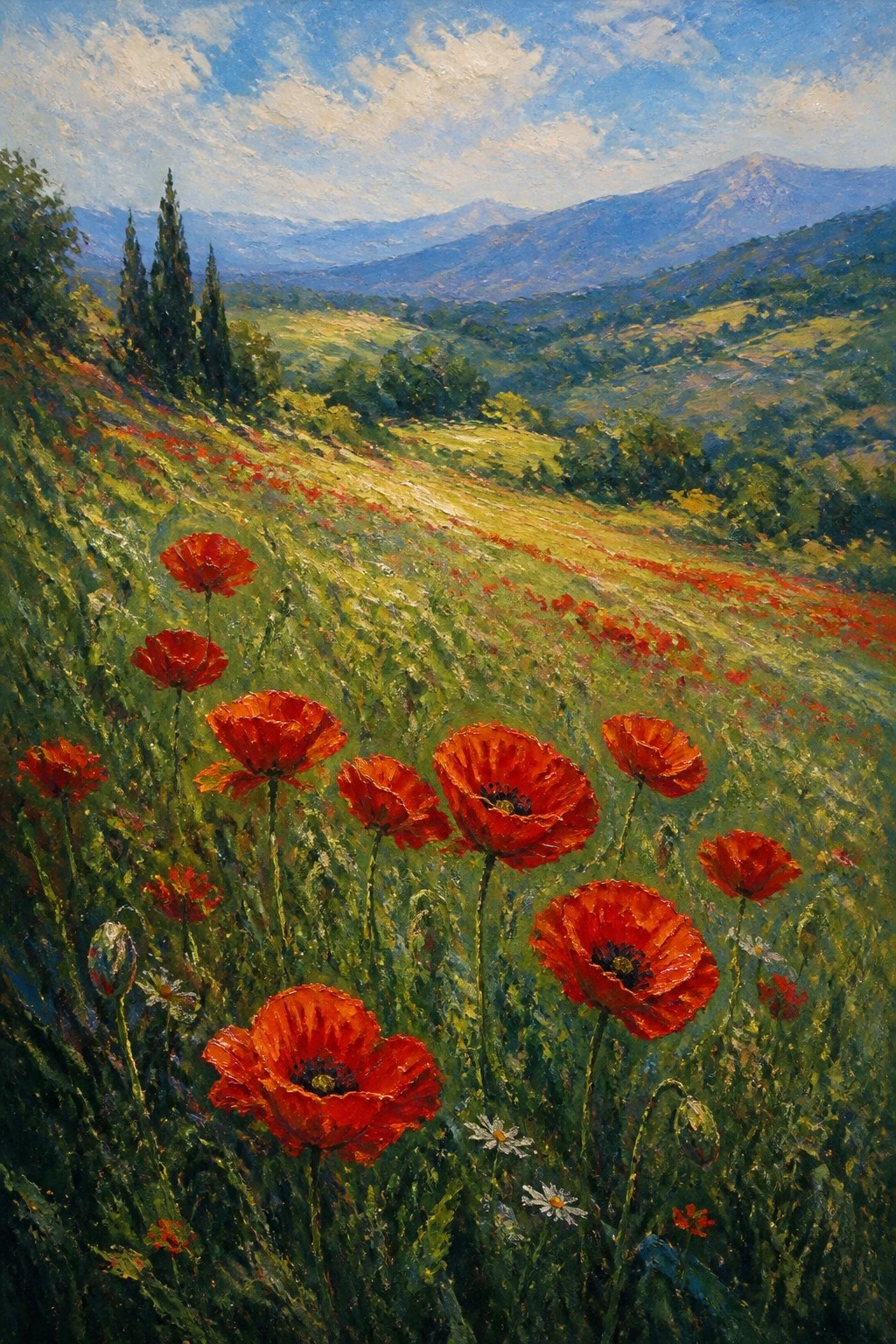 Vibrant red poppies on green hillside with mountains and blue sky beyond