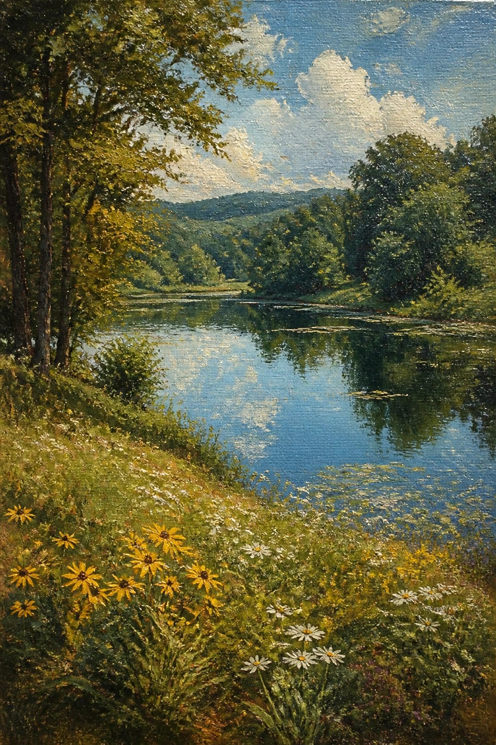 Tranquil river reflecting blue sky amid lush trees and wildflowers.