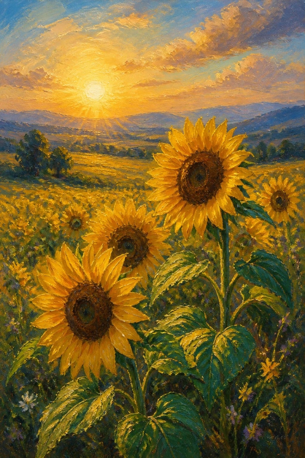 Sunflowers blooming in a golden field under a radiant sunset with distant hills.
