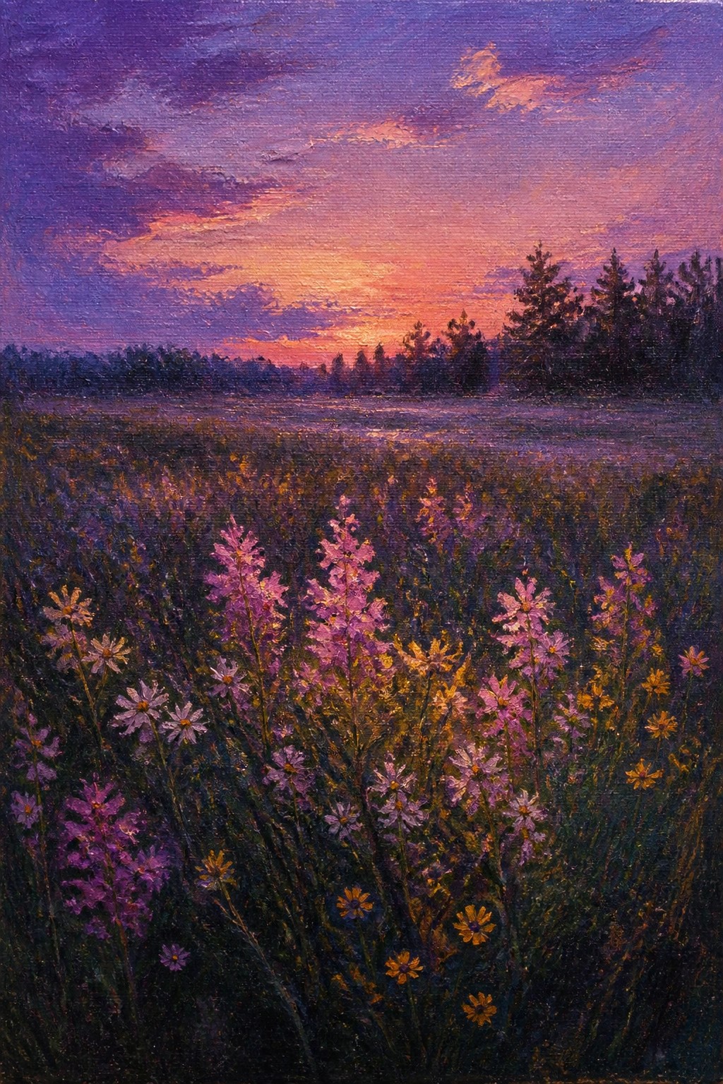 Wildflower meadow blooming under vibrant purple and orange sunset sky with distant trees