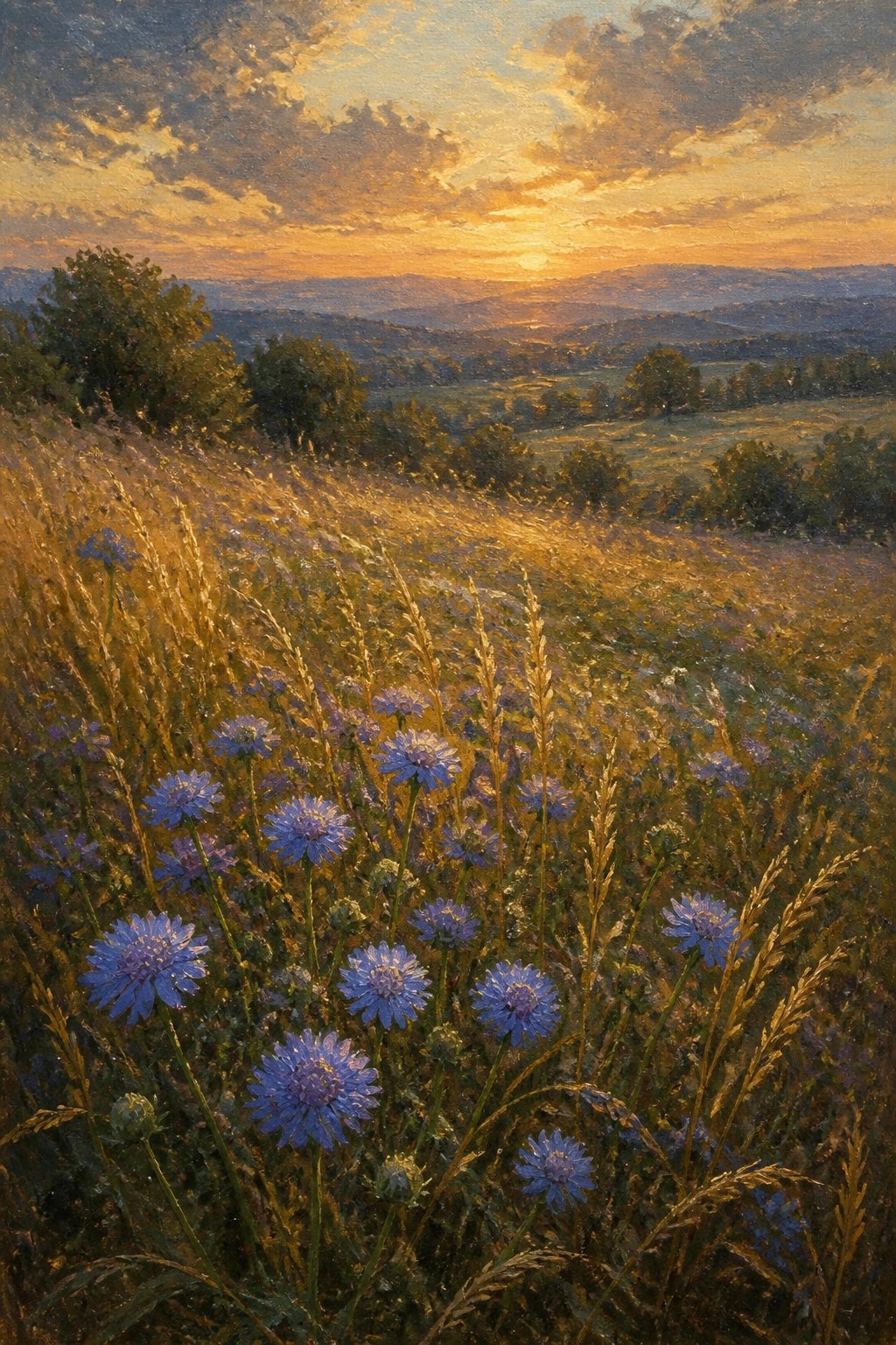 Sunset over hillside meadow of blue wildflowers glowing in golden light